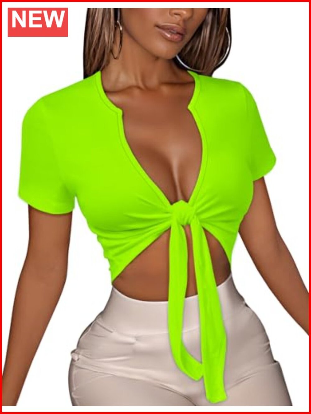 Women's Tie Front Crop Top V Neck Short Sleeve Slim Fit Summer Tee